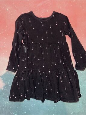 Girls' Black Long-Sleeve Tiered Dress with Pink Star Print